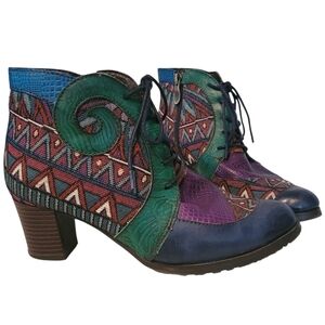 Socofy Leather Tapestry Lace-up Colorful Artsy Ankle Boots Booties EU 37 US 6.5